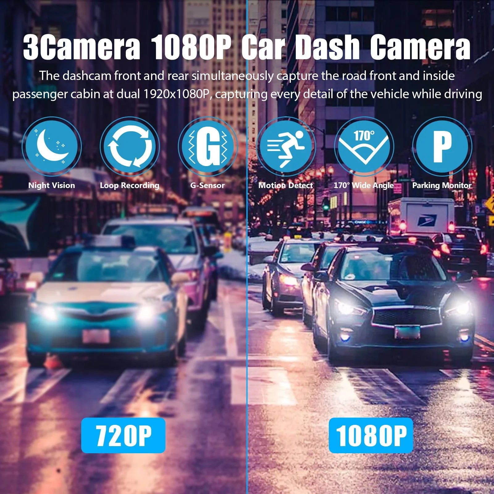 Car 1080P Triple Card, Way Channel Backup DVR Inside Dash TF Vision, Cam, Camera, 3 3 Cam Recorder, IR Dash Front Rear Dashboard G-Sensor Driving W/32GB Inside Camera Night Dual