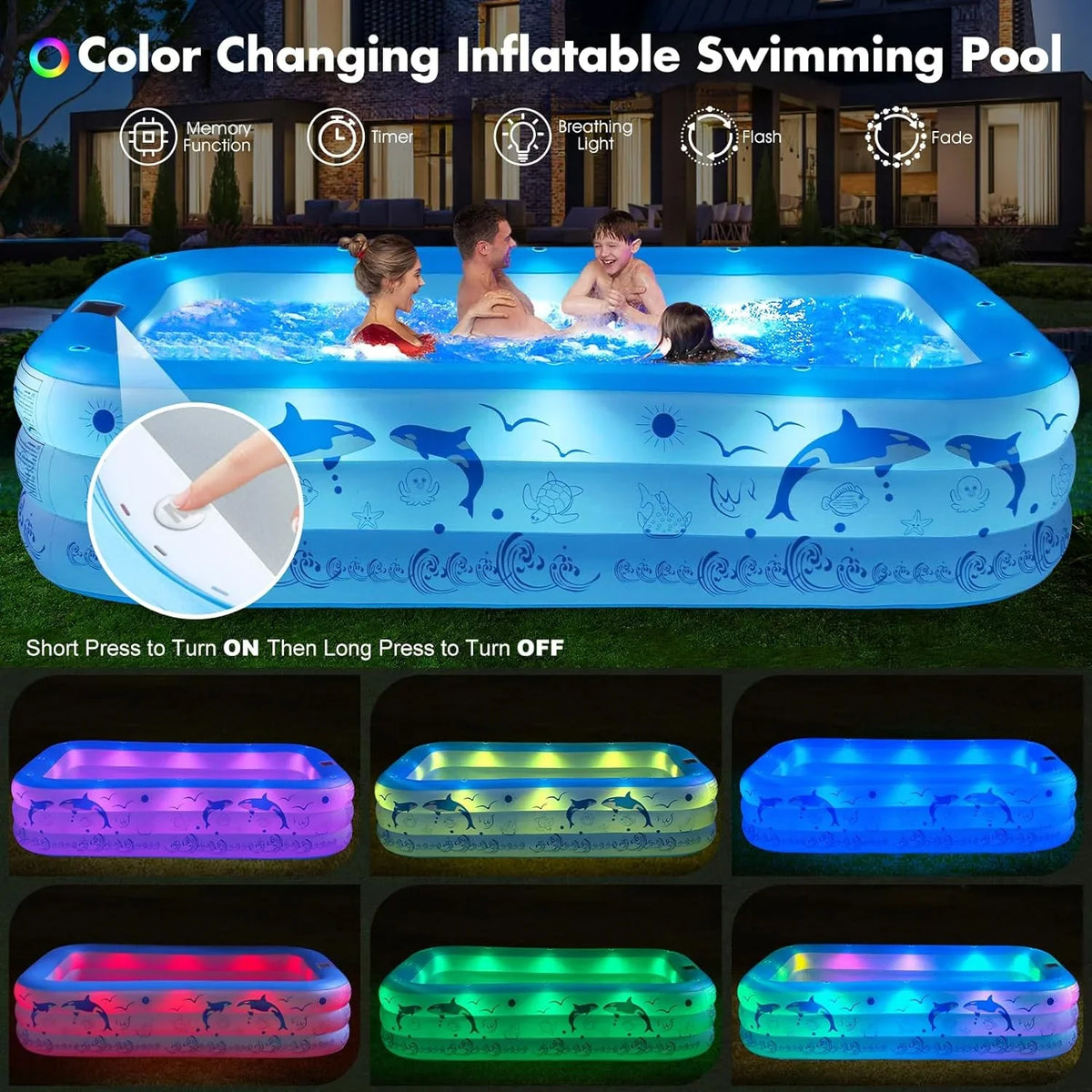 Backyard Family Powered, Pool Pool Pool with for Solar 105"x65"x25''Oversized up Swimming Thickened Kiddle Blow Pool, Inflatable 2024 Kids,Adults, Upgraded for Lights, Pool Large Inflatable