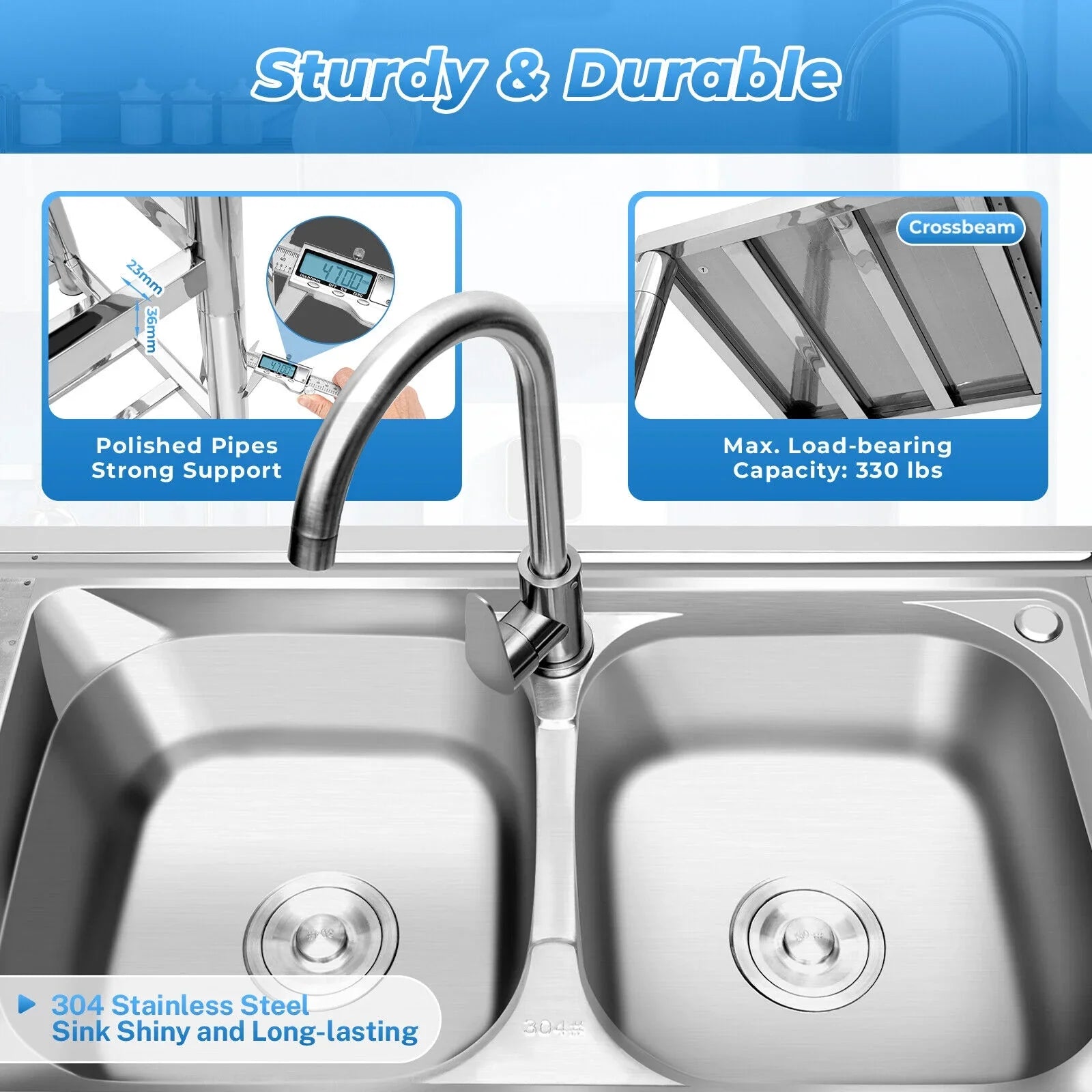 w/ Utility Table Steel Kitchen Table 2 Bowls Prep Sink Bowl Kitchen 2 Bowls Catering Stainless Bowl Catering Kitchen Home Commercial Drainboard Sink +Shelf Catering Prep Prep Sink 304 w/Faucet