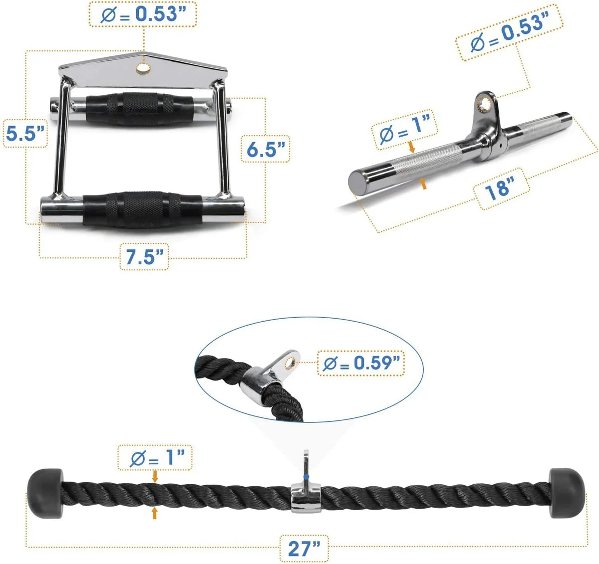 '+ Rope Double Attachment V-shaped Cable Handle Yes4All D Combo Bar Tricep +